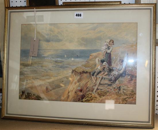 Manner of Myles Birket Foster, watercolour, children on a cliff